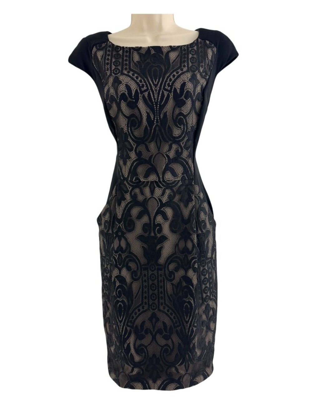 Eva Franco Black Lace Panel Dress Pockets Size 10 Wedding Evening‎ Special Event